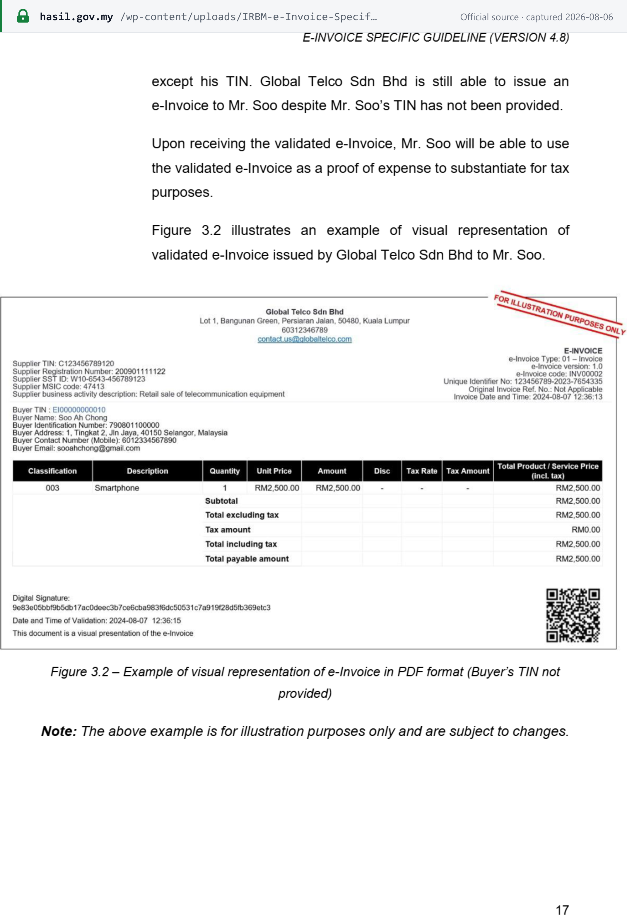 Source snapshot — IRBM e-Invoice Specific Guideline v4.8 Figure 3.2, a visual representation of a validated e-Invoice in PDF, with digital signature, validation timestamp and QR code