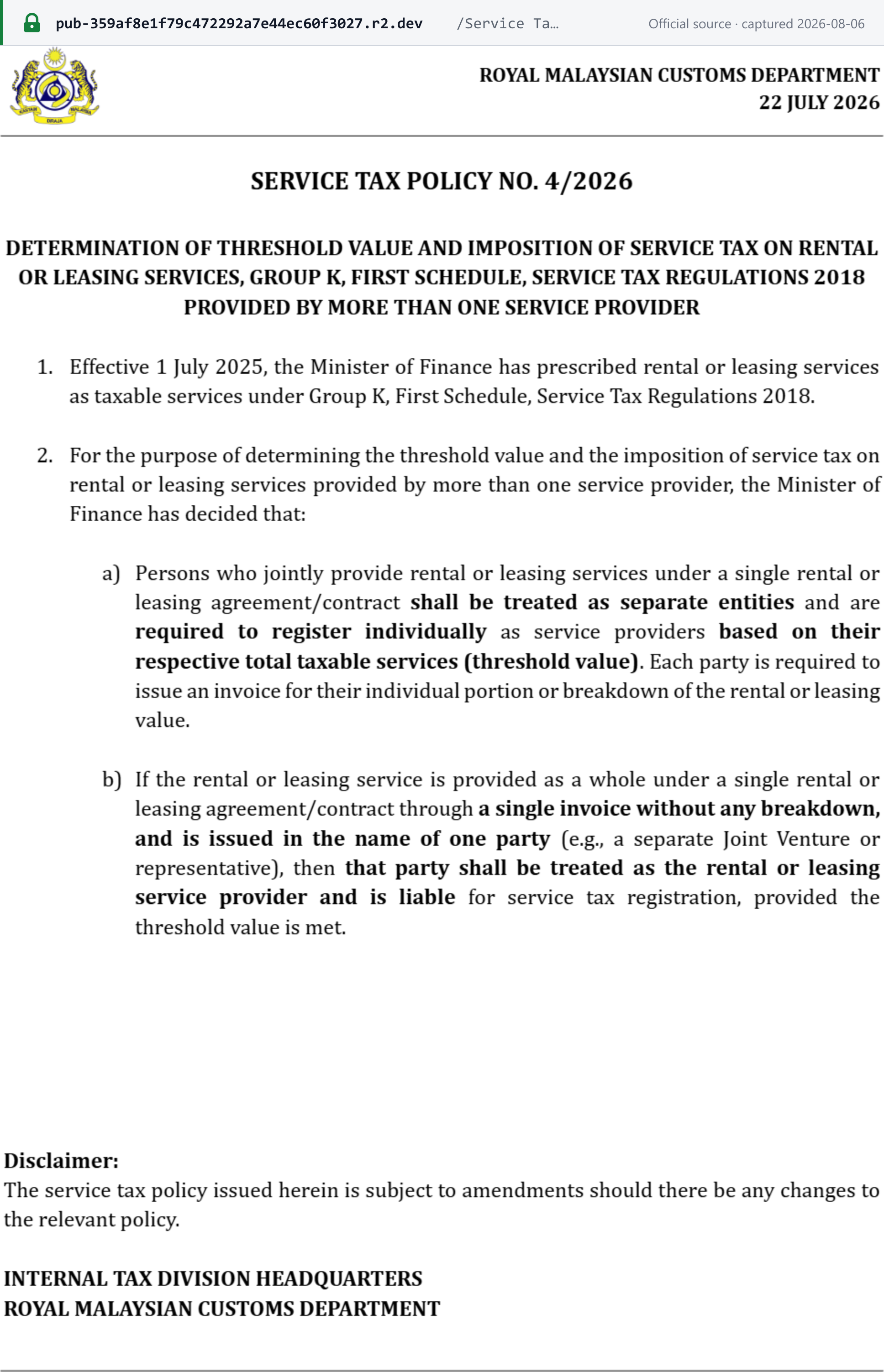Source snapshot — RMCD Service Tax Policy No. 4/2026 treating joint providers of rental or leasing services under one agreement as separate entities