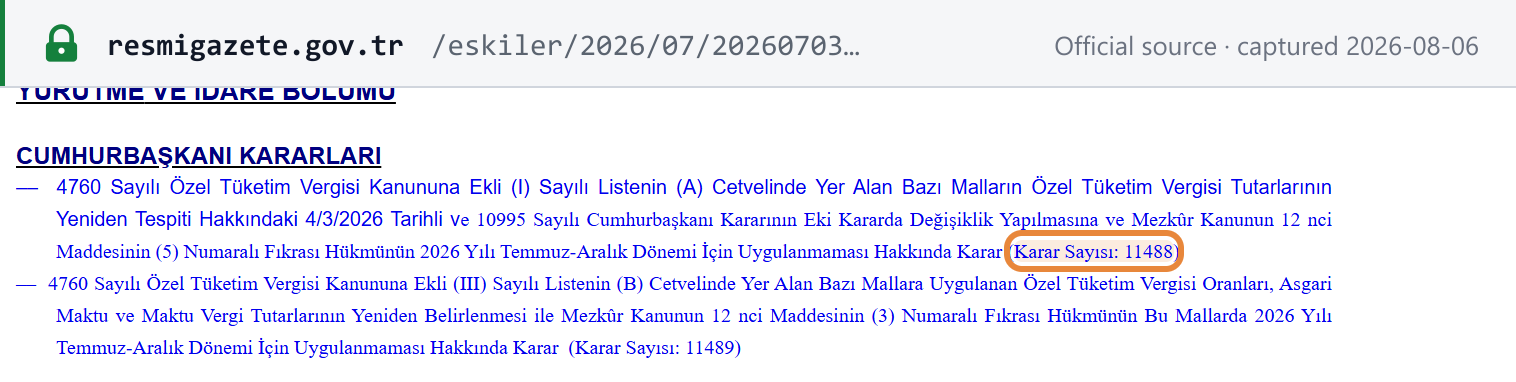 Source snapshot — Presidential Decision 11488: Karar Sayısı 11488 amends fuel-product Special Consumption Tax amounts