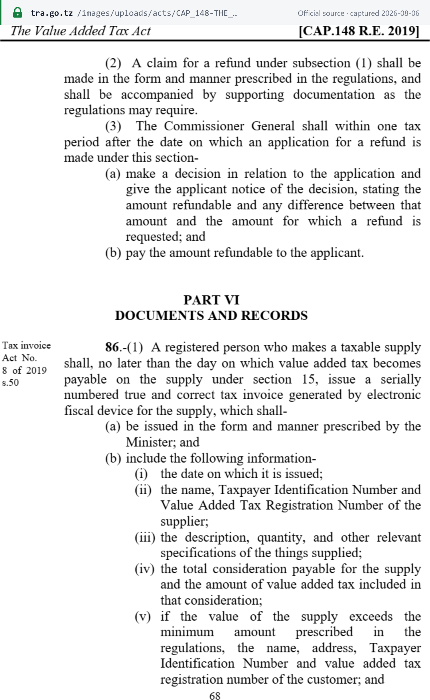 Source snapshot — Tanzania VAT Act CAP 148 section 86, requiring a serially numbered tax invoice generated by an electronic fiscal device, listing the information it must include, and section 87 on adjustment notes