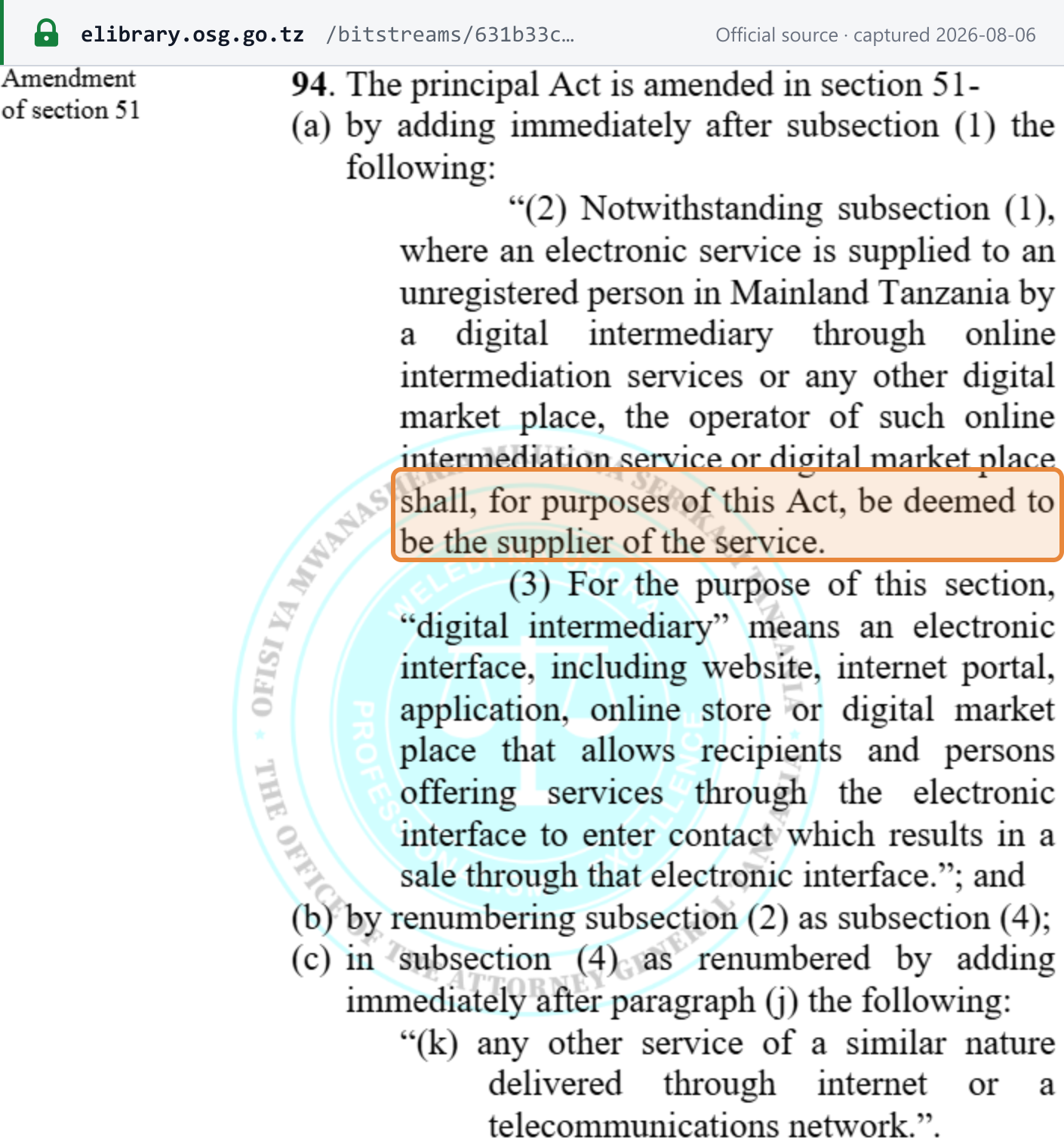 Source snapshot — Tanzania Finance Act 2026, s 94: the operator of an online intermediation service or digital market place is deemed to be the supplier of electronic services to unregistered persons