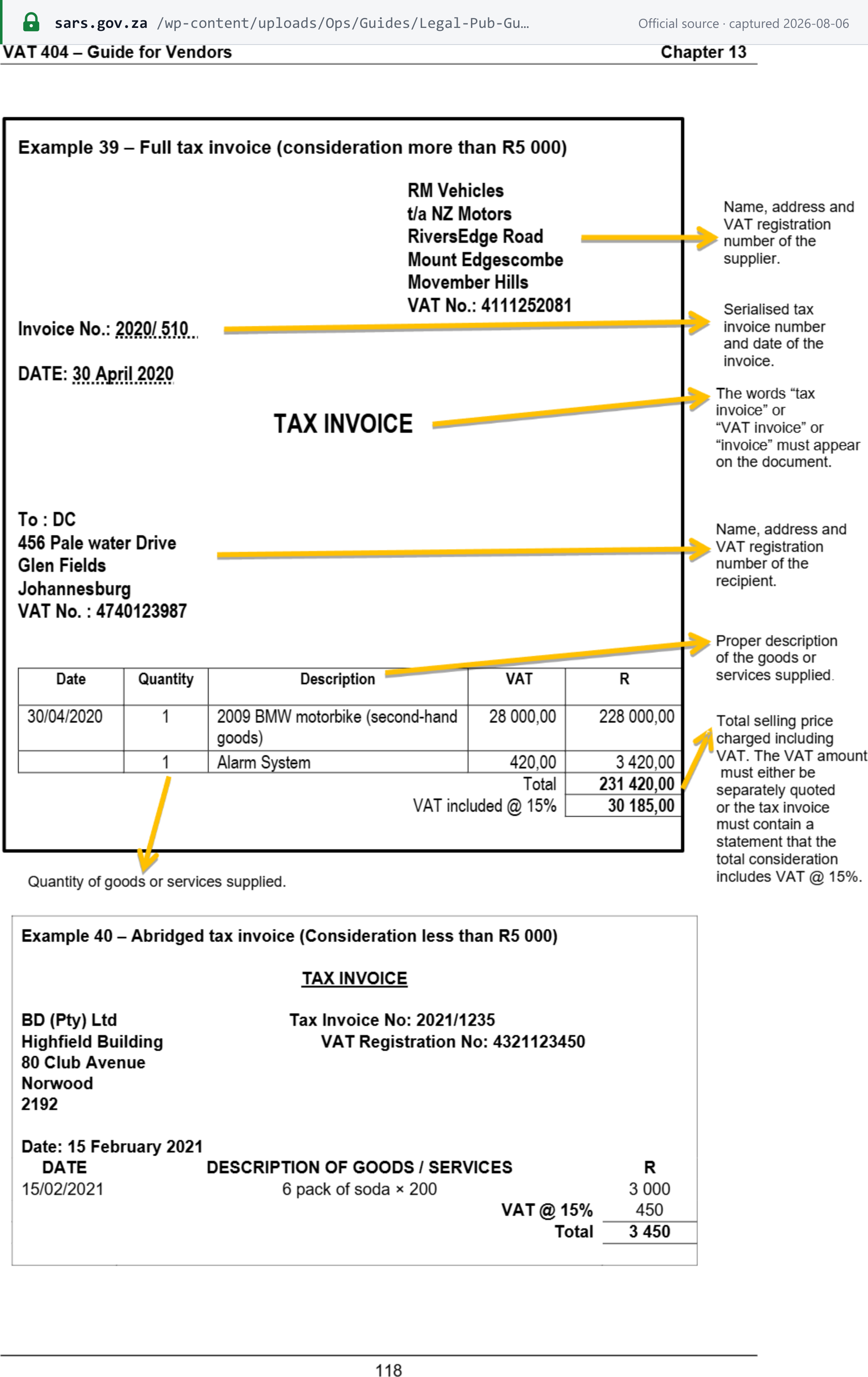 Source snapshot — SARS VAT 404 Guide for Vendors, Example 39 annotated full tax invoice with each required particular called out, and Example 40 abridged tax invoice below