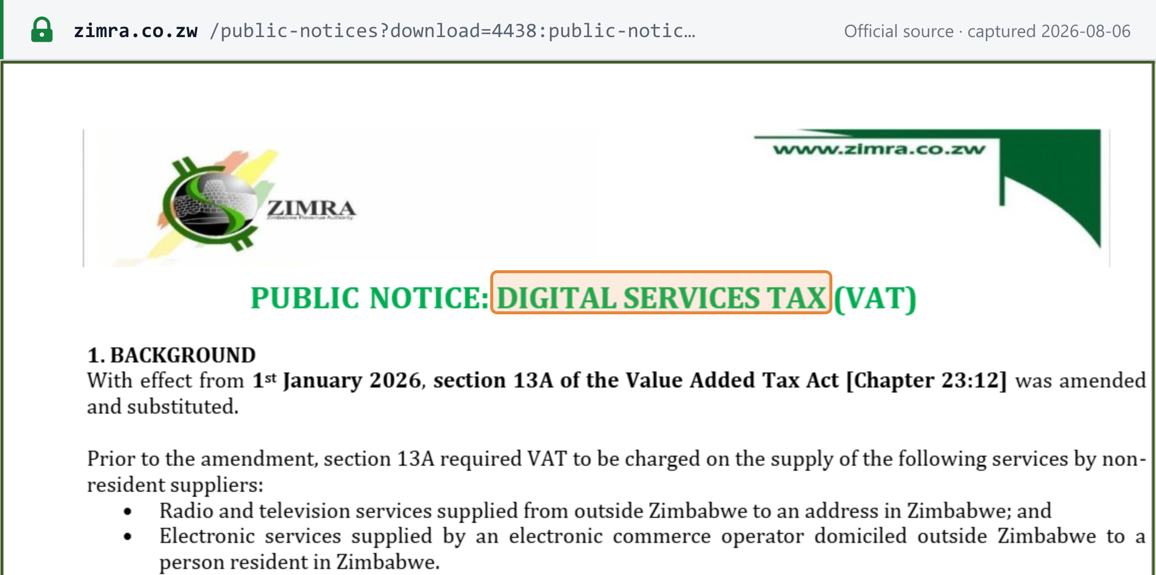 Source snapshot — ZIMRA Public Notice: Digital Services Tax (VAT) — with effect from 1 January 2026, section 13A of the Value Added Tax Act (Chapter 23:12) was amended and substituted