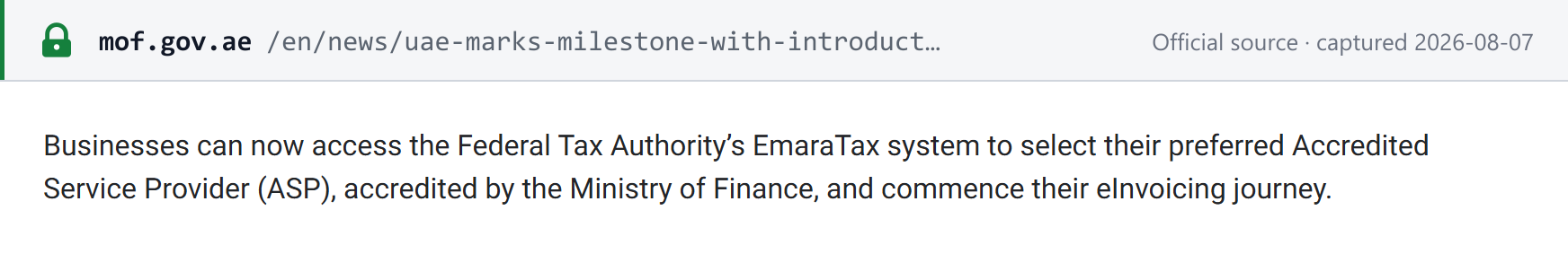 Source snapshot — MoF: businesses can access EmaraTax to select their preferred Accredited Service Provider and commence their eInvoicing journey (21 April 2026)