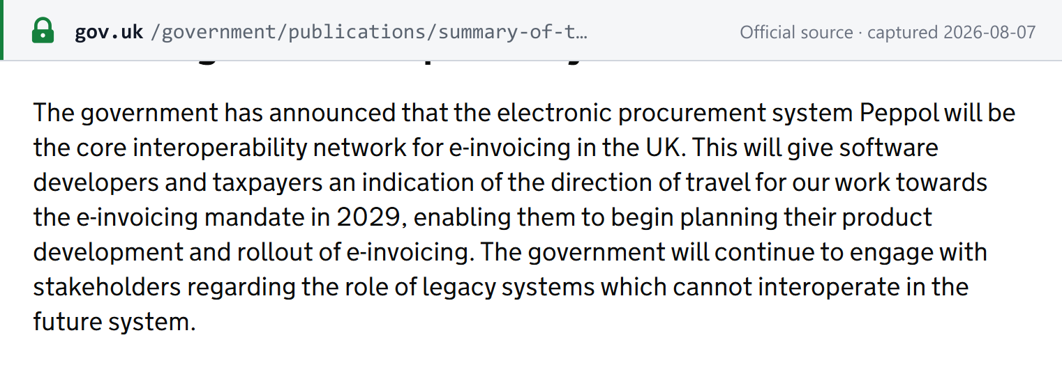 Source snapshot — Tax Update 2026 summary, 23 June 2026: Peppol will be the core interoperability network for e-invoicing in the UK, towards the e-invoicing mandate in 2029