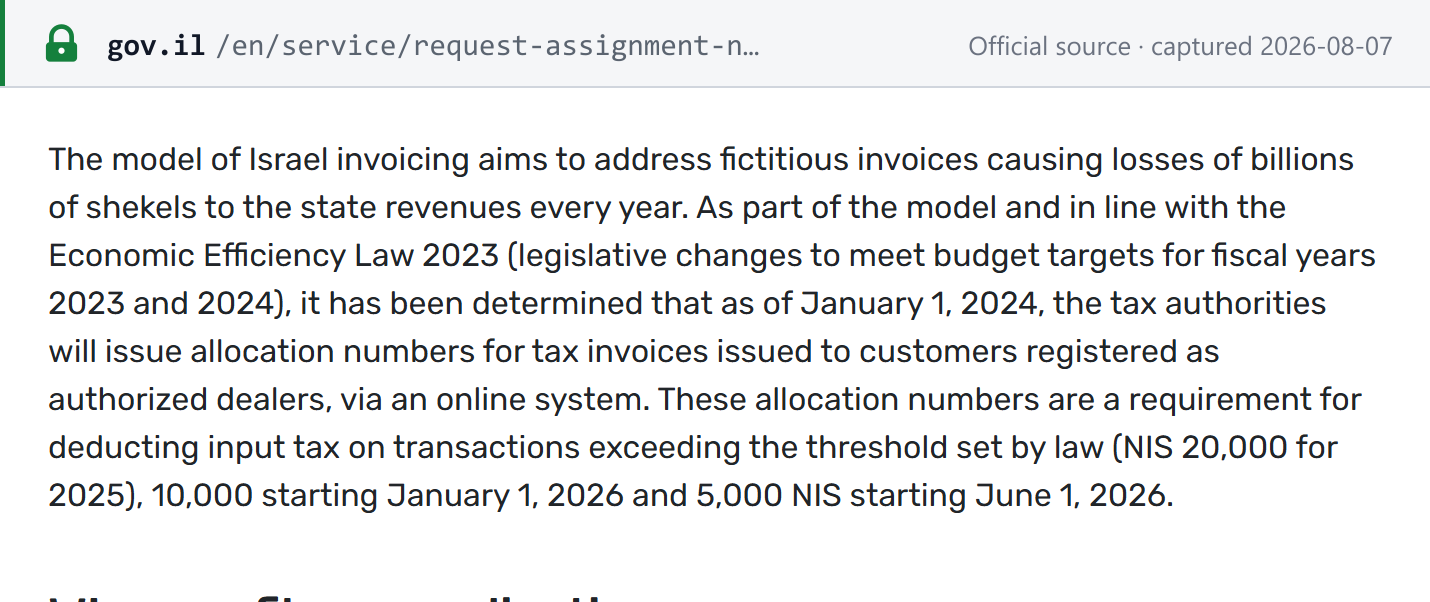 Source snapshot — Israel Tax Authority, English allocation-number page: allocation numbers are required to deduct input tax on transactions exceeding the threshold set by law — NIS 20,000 for 2025, 10,000 from 1 January 2026 and 5,000 from 1 June 2026