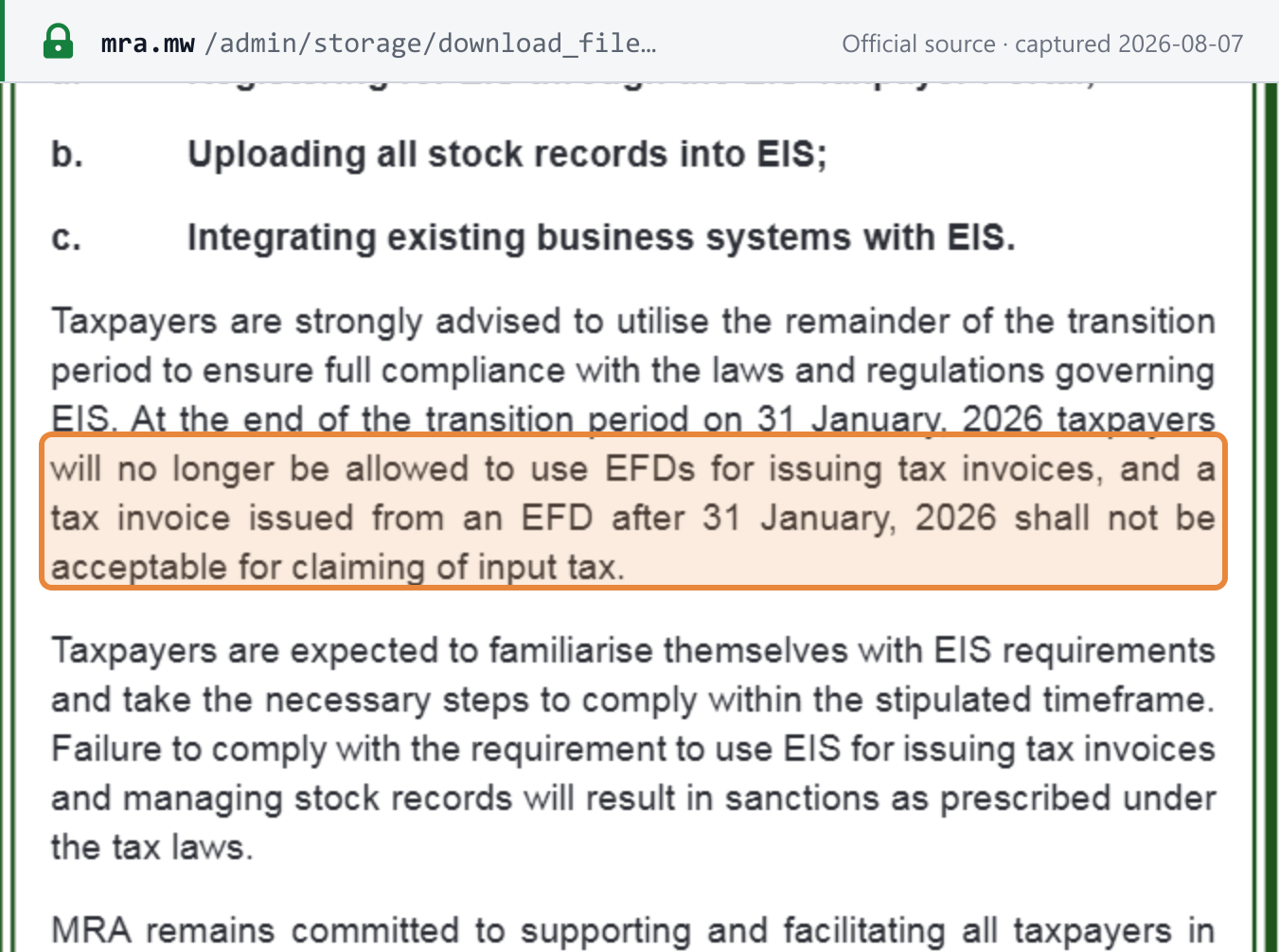 Source snapshot — MRA: at the end of the transition period on 31 January 2026 taxpayers may no longer use EFDs for tax invoices, and an EFD invoice issued after that date is not acceptable for claiming input tax