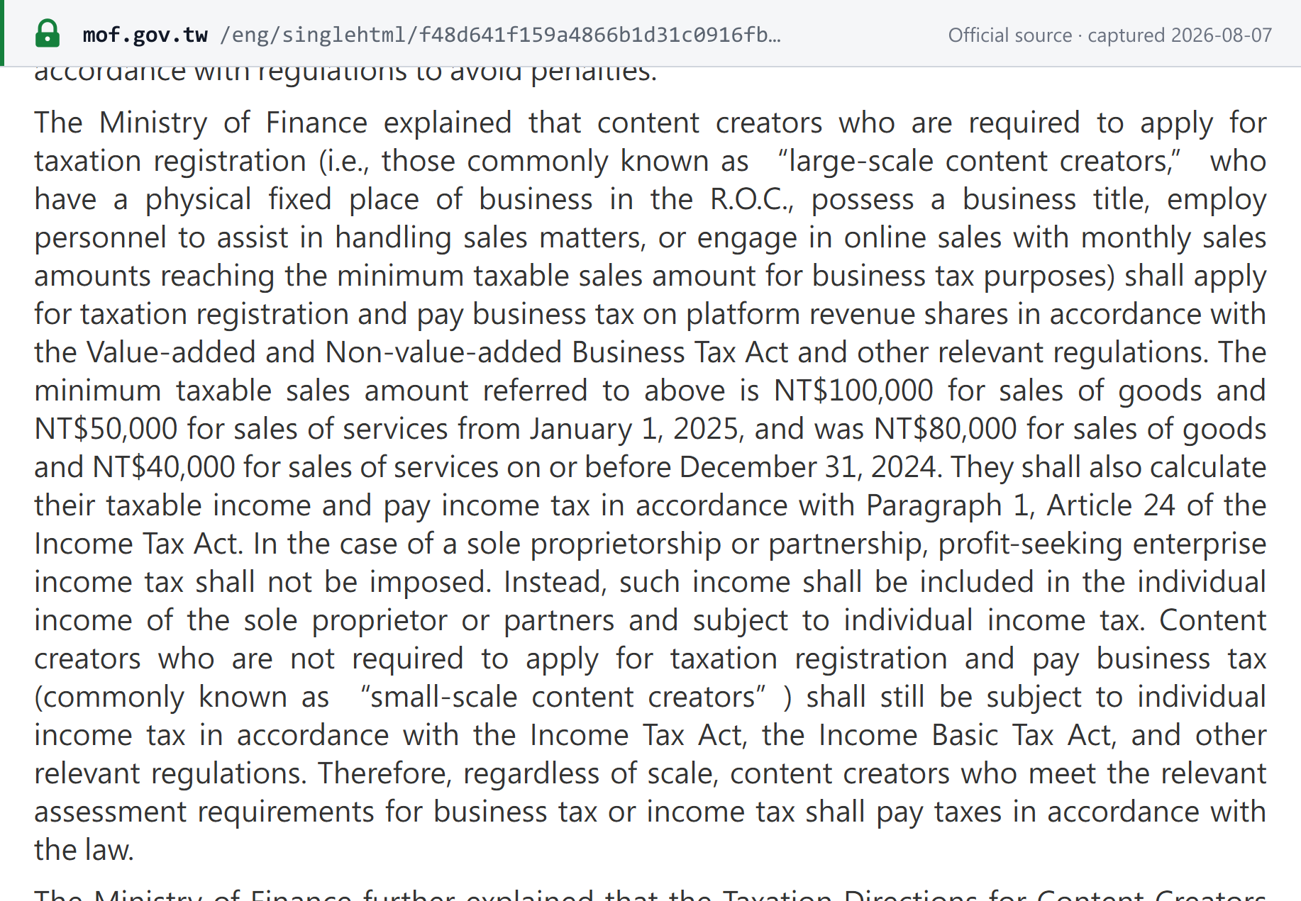 Source snapshot — Ministry of Finance: content creators must register for business tax; minimum taxable sales amount NT$100,000 for goods and NT$50,000 for services from 1 January 2025