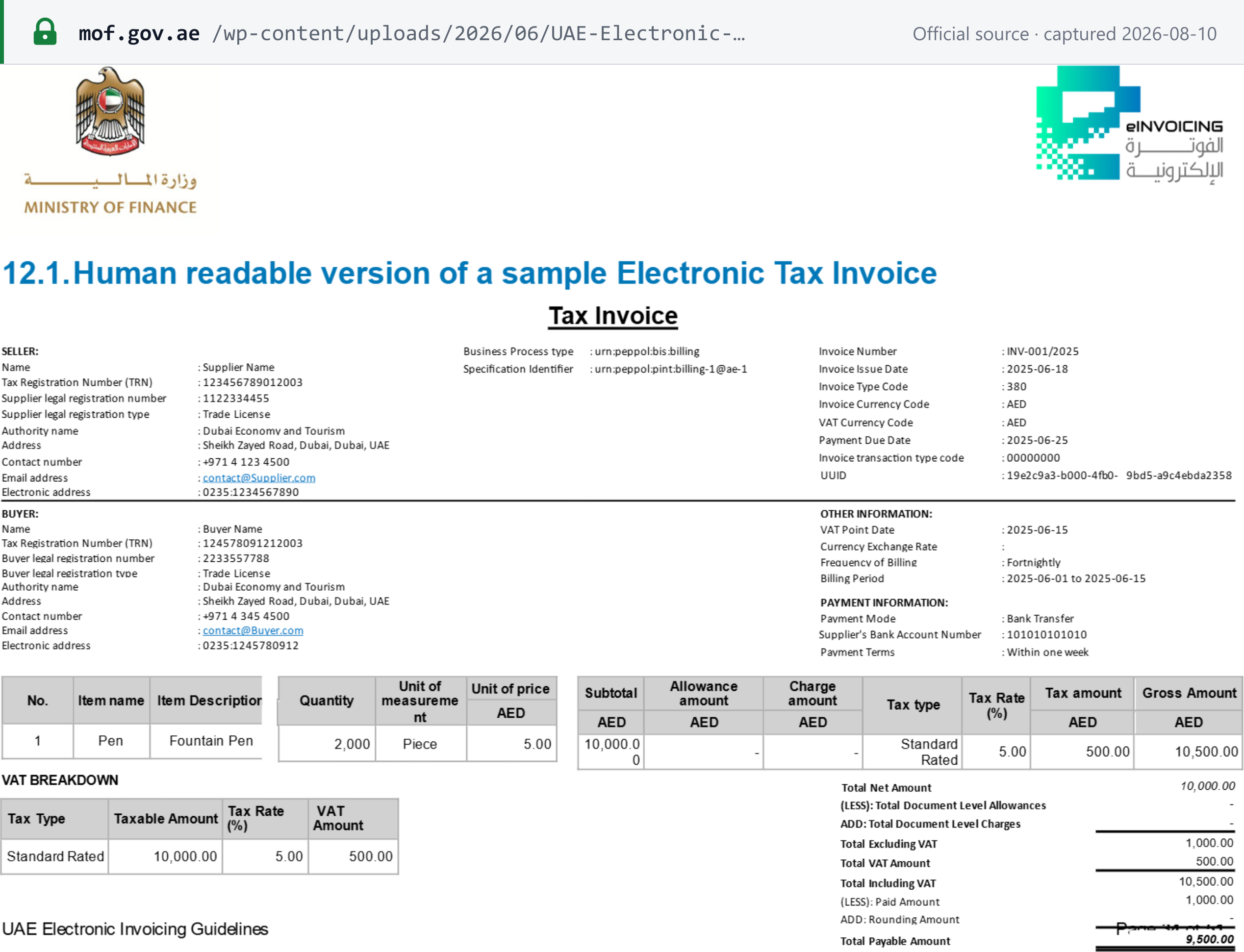 Source snapshot — UAE Ministry of Finance Electronic Invoicing Guidelines section 12.1, the human readable version of a sample Electronic Tax Invoice
