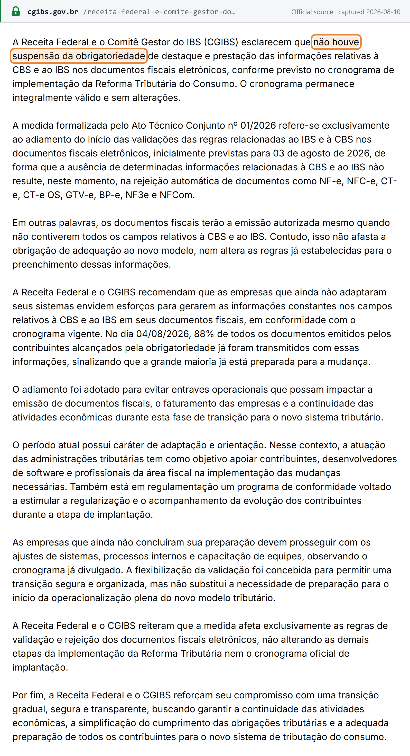 Source snapshot — Receita Federal and Comitê Gestor do IBS clarify that there was no suspension of the CBS/IBS field-population obligation