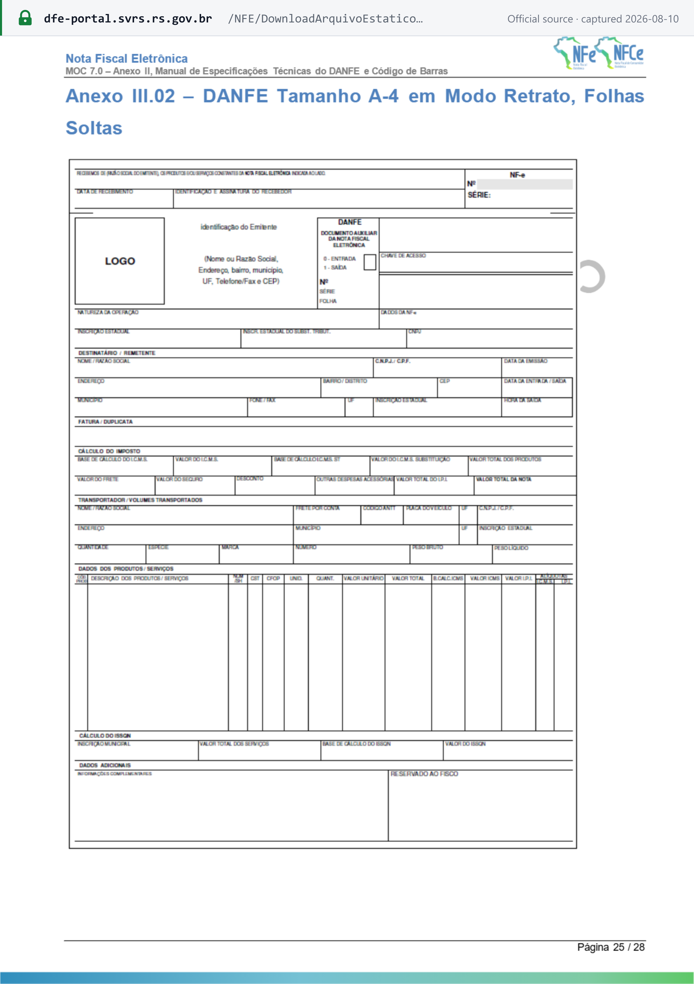 Source snapshot — MOC 7.0 Anexo II, Anexo III.02: the prescribed DANFE A-4 portrait model, showing the recipient stub, the DANFE title and access-key block, the destinatário, tax-calculation, transporter and product blocks