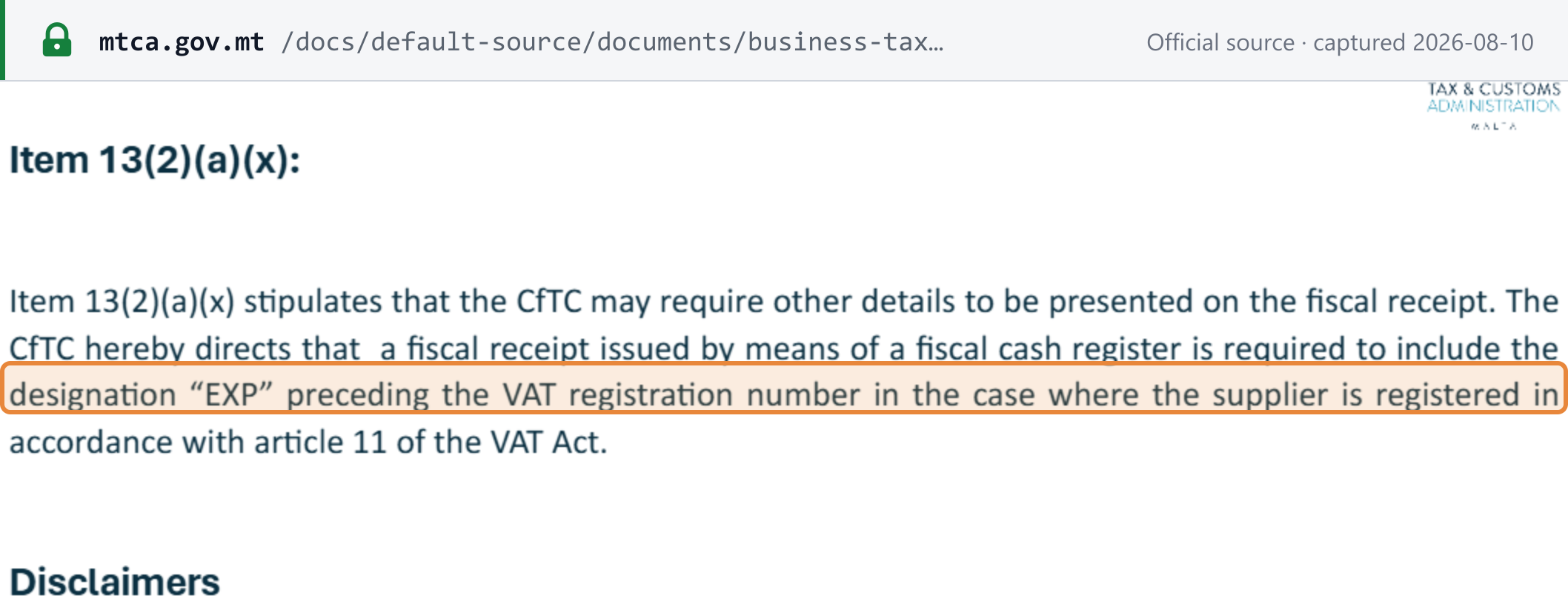 Source snapshot — MTCA guideline: a fiscal receipt issued by a fiscal cash register must include the designation "EXP" preceding the VAT registration number where the supplier is registered under article 11