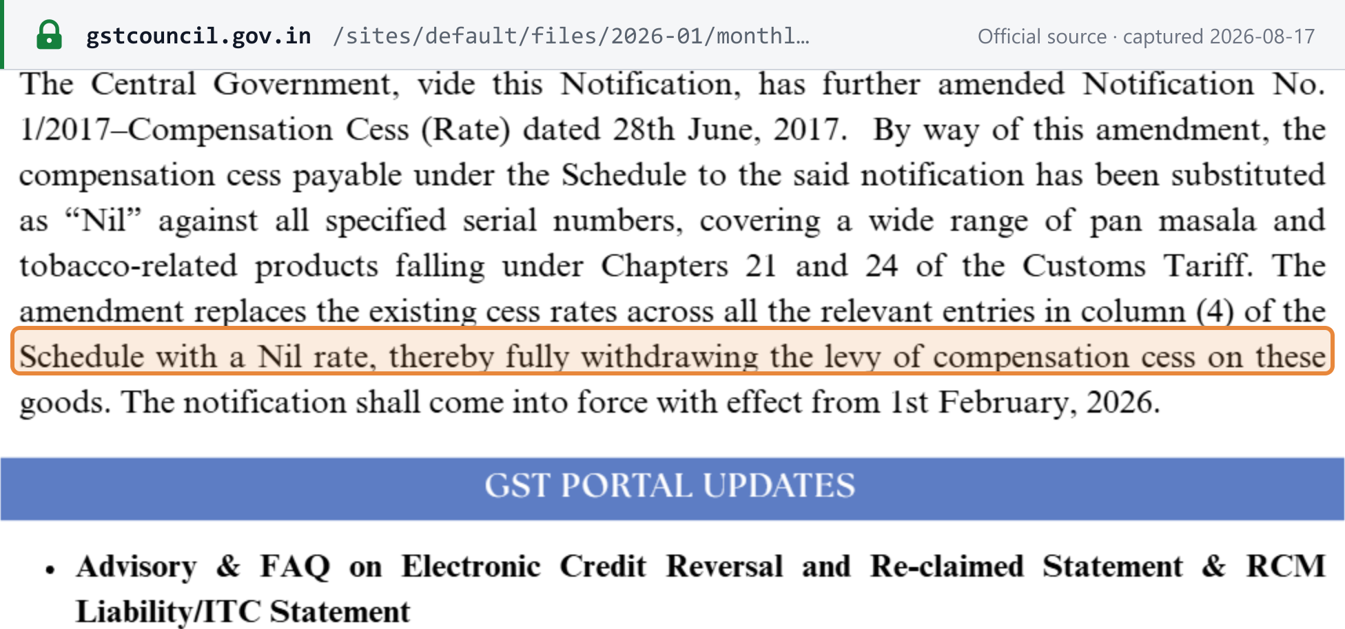 GST Council newsletter recording compensation cess substituted to Nil across the schedule with effect from 1 February 2026