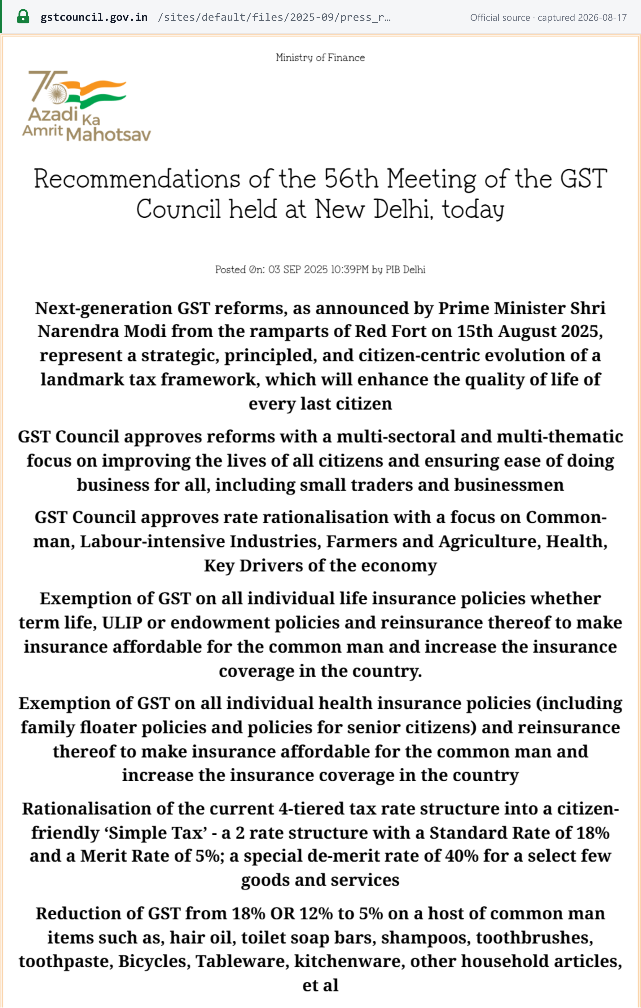 GST Council press release recording the two-rate structure and the 40% de-merit rate