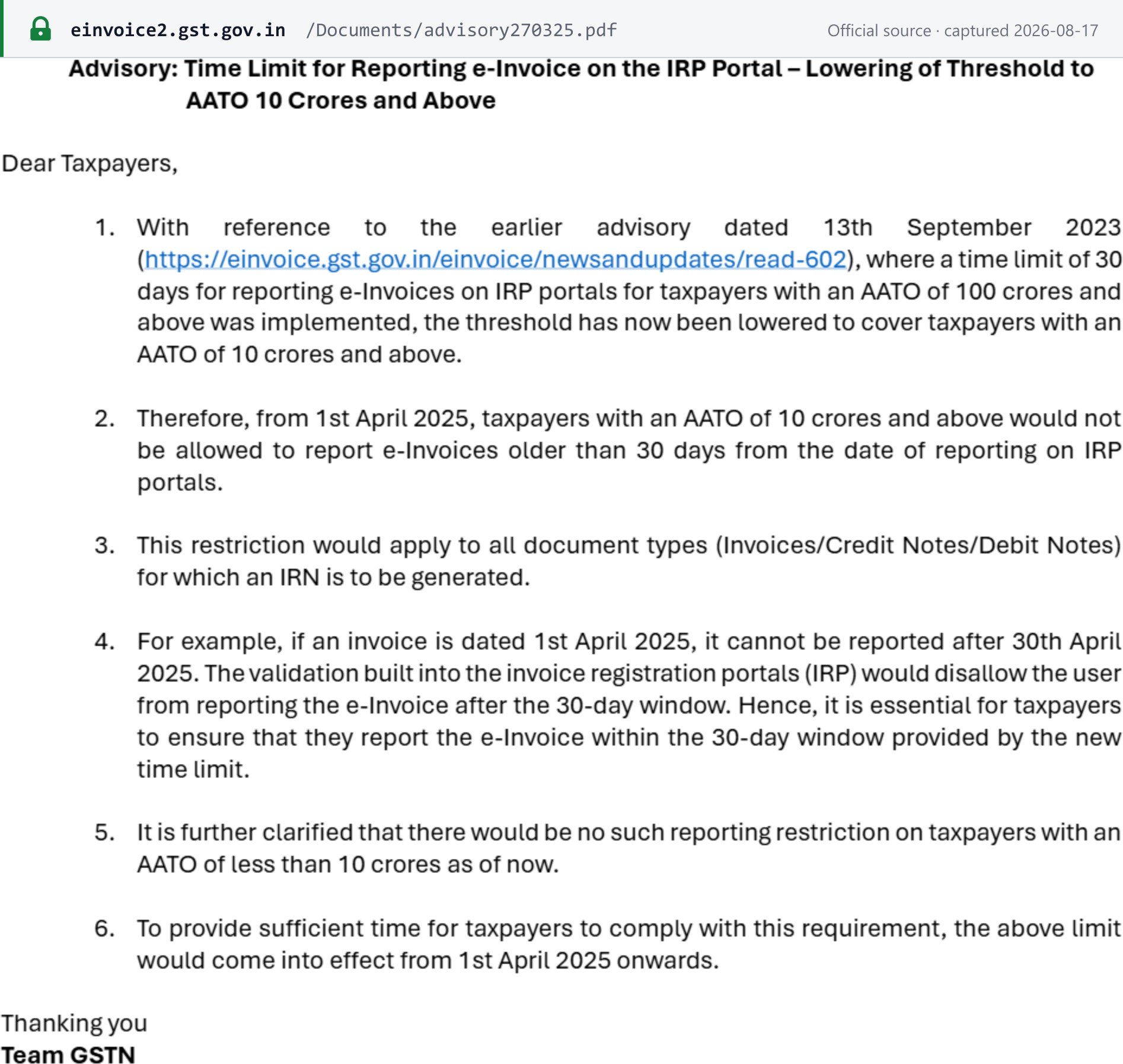 GSTN advisory setting the 30-day IRP reporting limit for AATO of ₹10 crore and above from 1 April 2025