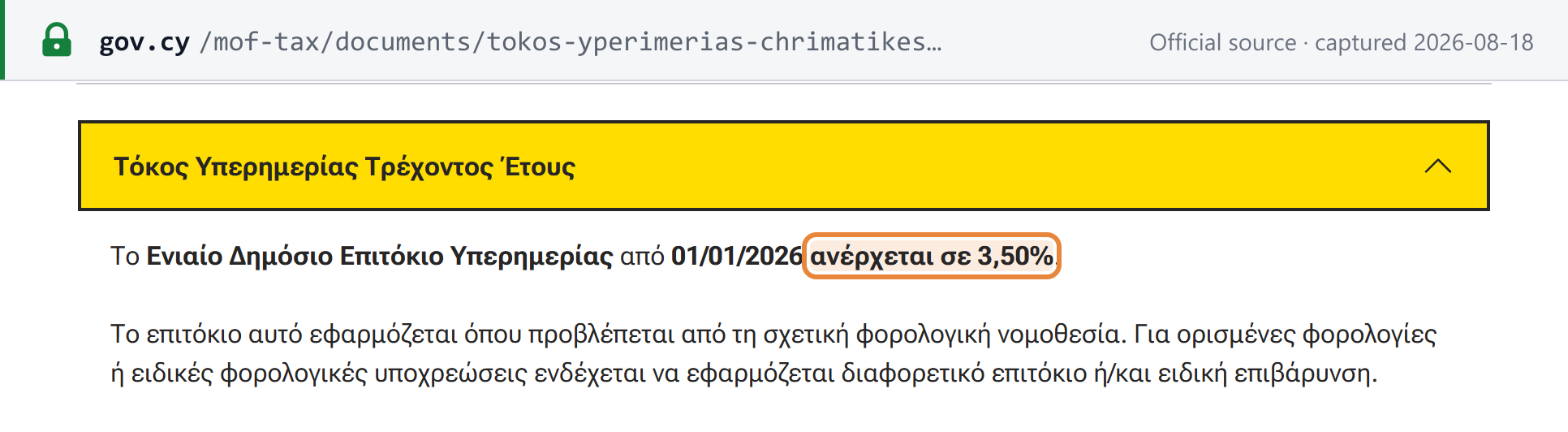 Source snapshot — Cyprus Tax Department: the Unified Public Default Interest Rate from 01/01/2026 is 3.50%, with the historic table showing 9.00% applying only until 31/12/2006