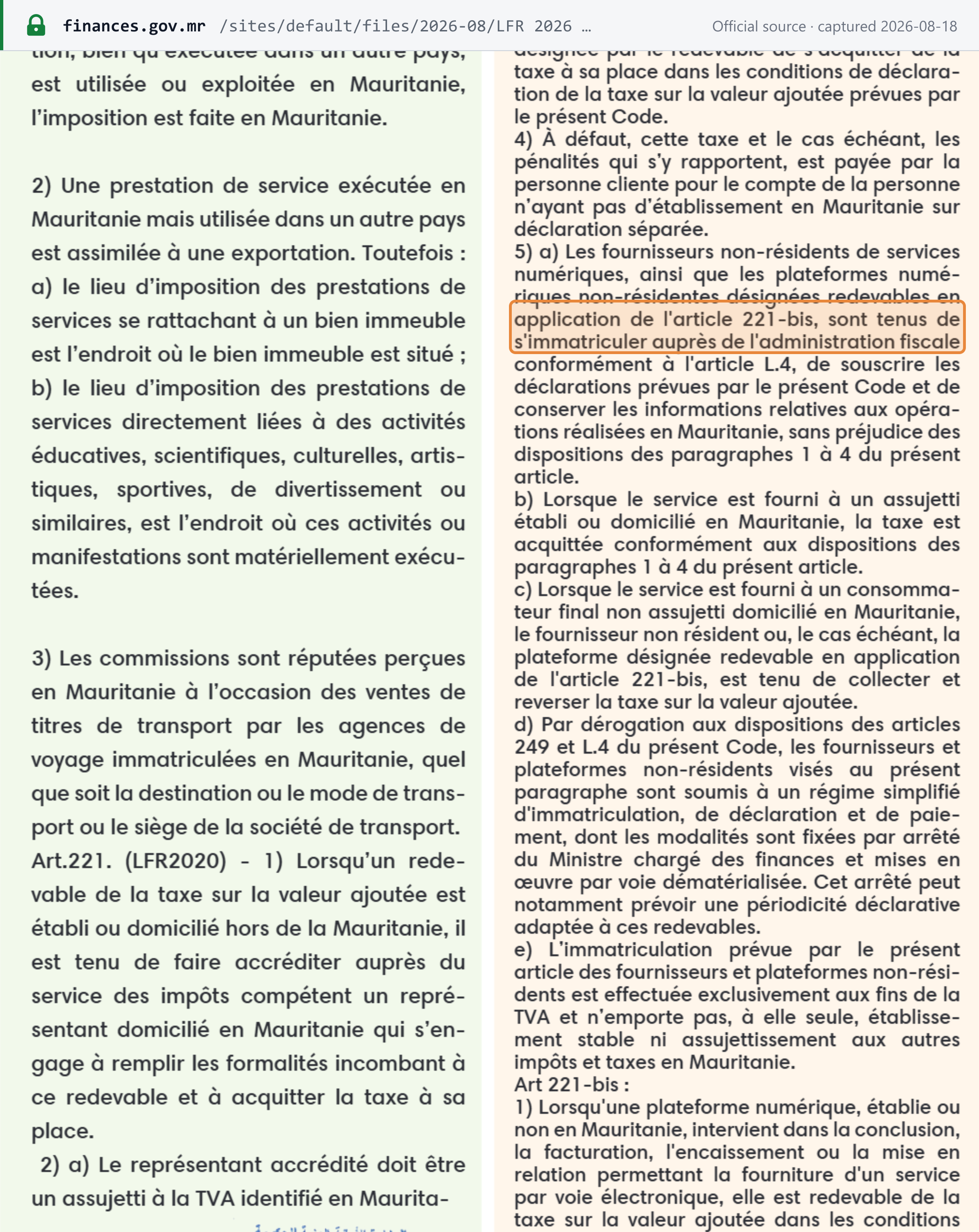 Source snapshot — Mauritania LFR 2026, Article 221 paragraph 5: non-resident digital-service suppliers and non-resident platforms designated as liable under Article 221-bis must register with the tax administration