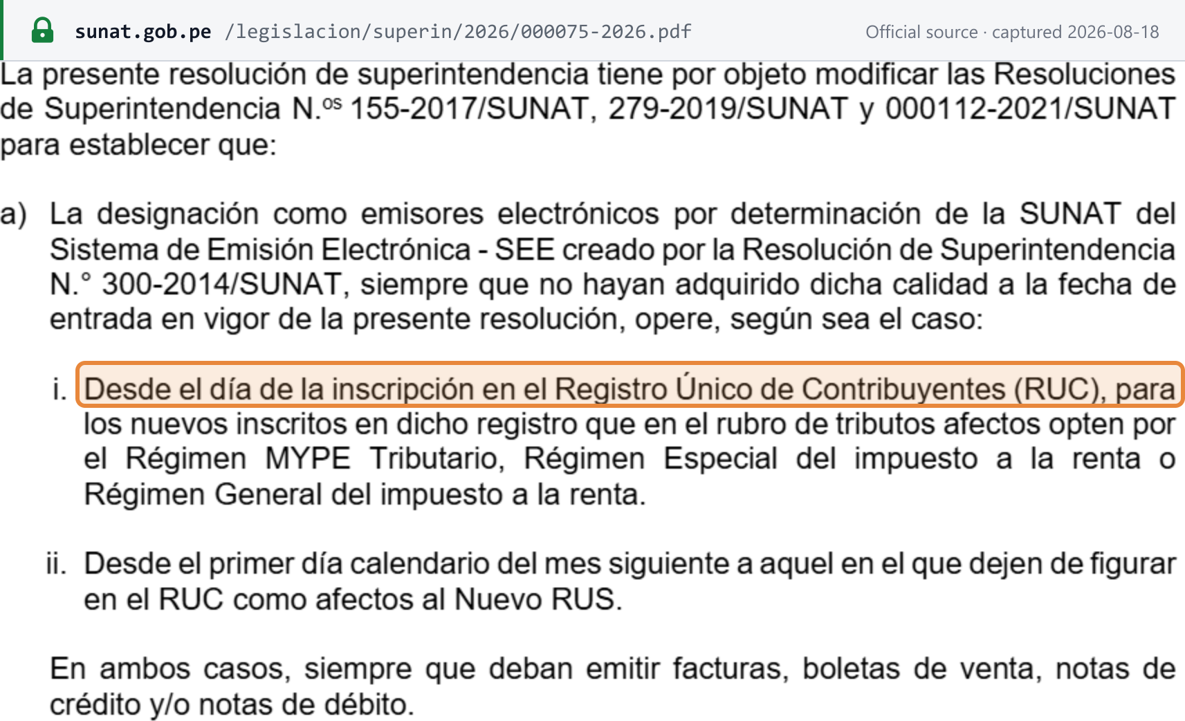 Source snapshot — RS 000075-2026/SUNAT: designation as e-issuer from the day of RUC registration for new registrants in the MYPE Tributario, Special or General regime