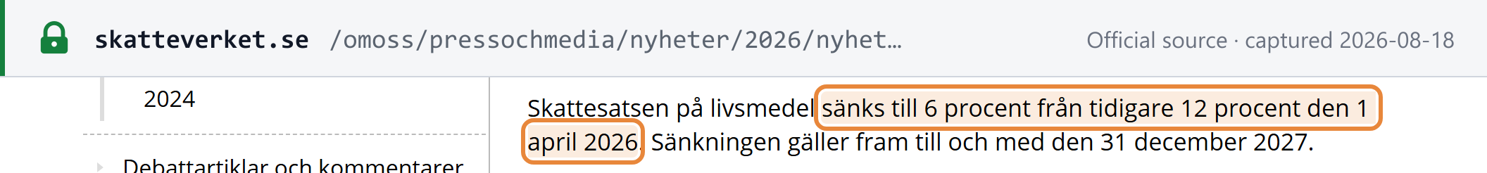 Source snapshot — Skatteverket news: the VAT rate on food falls from 12% to 6% on 1 April 2026