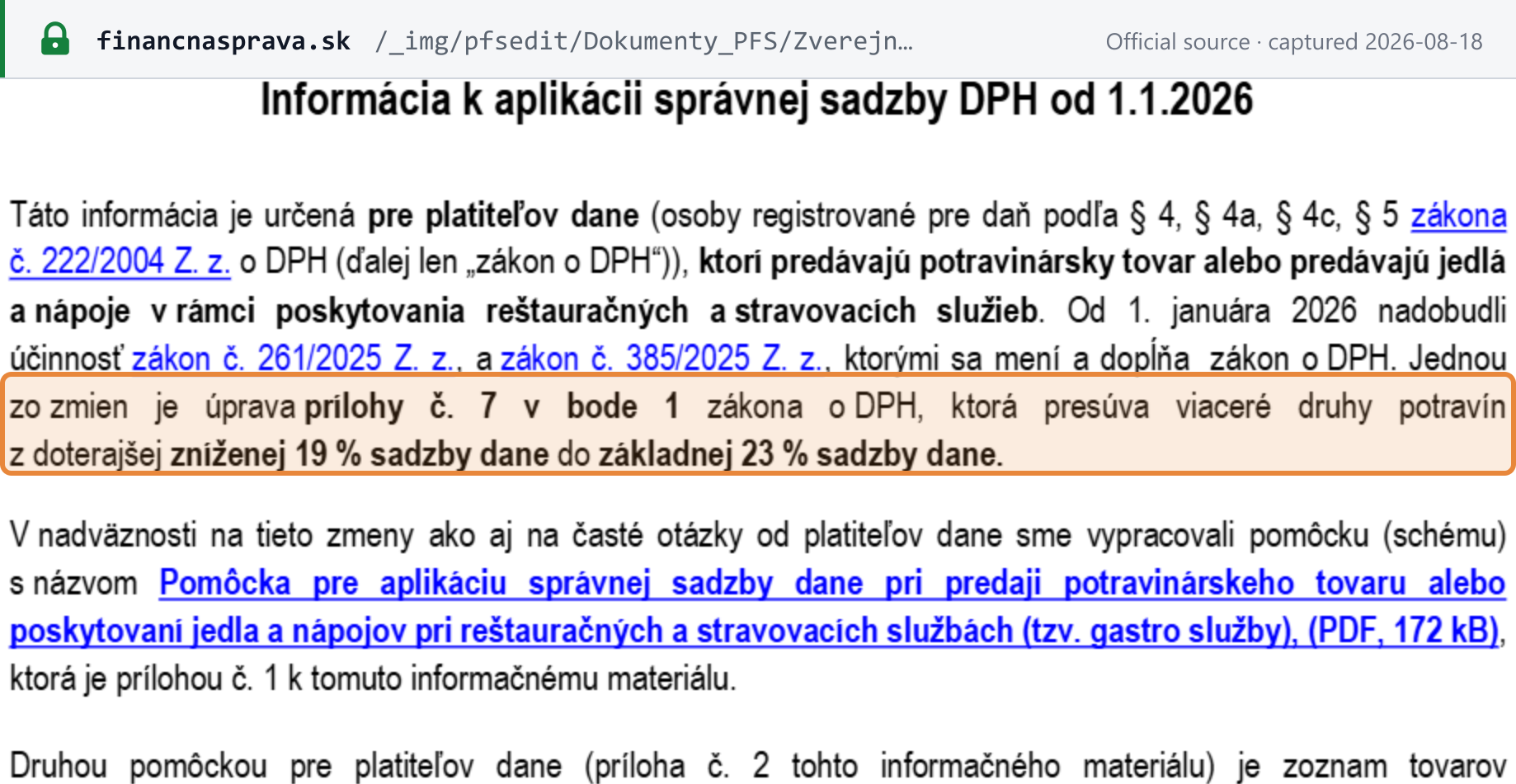 Source snapshot — Finančná správa: "Informácia k aplikácii správnej sadzby DPH od 1.1.2026" — Zákon č. 261/2025 Z. z. and Zákon č. 385/2025 Z. z. move several types of food from the reduced 19% rate to the standard 23% rate