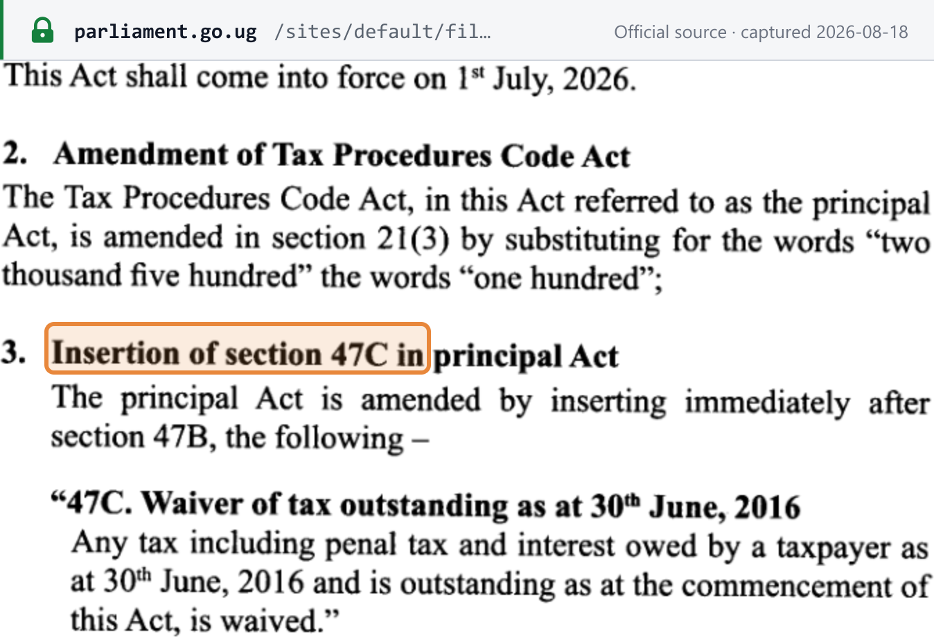 Source snapshot — Tax Procedures Code (Amendment) Bill, 2026: insertion of section 47C, waiver of tax, penal tax and interest outstanding as at 30 June 2016