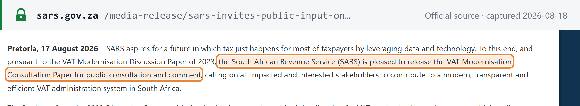 Source snapshot — SARS media release announcing the VAT Modernisation Consultation Paper for public consultation and comment