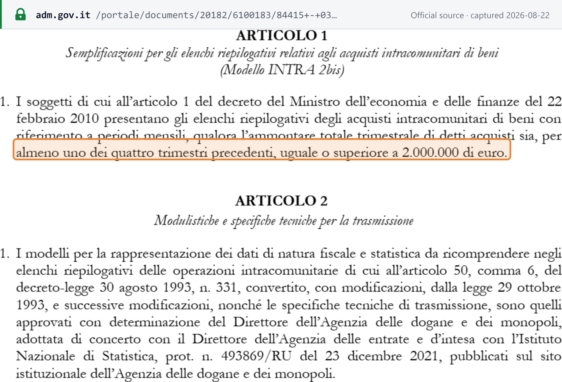 Source snapshot — ADM determinazione direttoriale 84415/RU (3 February 2026) raises the INTRA 2-bis monthly-filing threshold for goods acquisitions to EUR 2,000,000