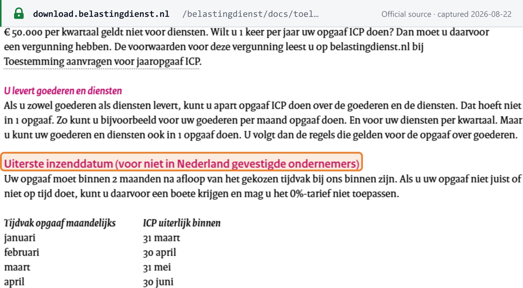 Source snapshot — Belastingdienst: foreign businesses file the Opgaaf ICP within two months