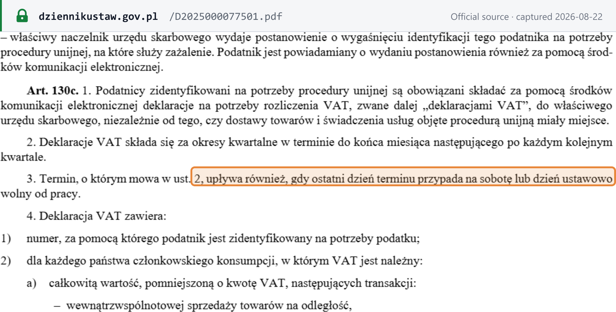 Source snapshot — art. 130c ust. 3 of the Polish VAT Act: the quarterly OSS deadline expires even when its last day falls on a Saturday or a statutory non-working day