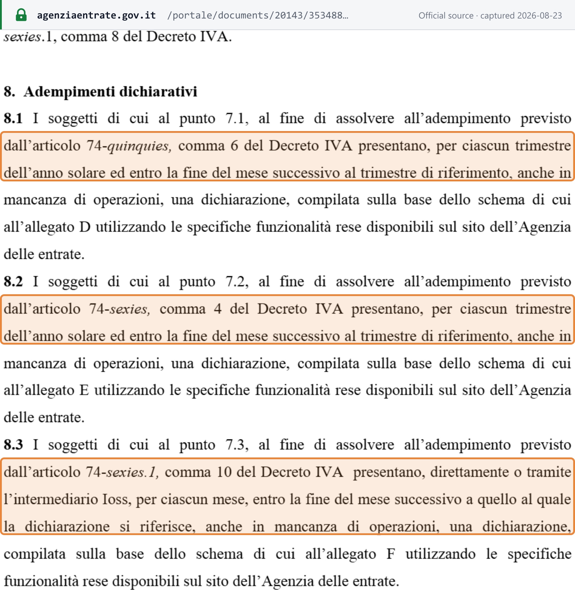 Source snapshot — Provvedimento AdE 168315/2021: OSS returns quarterly, IOSS returns monthly