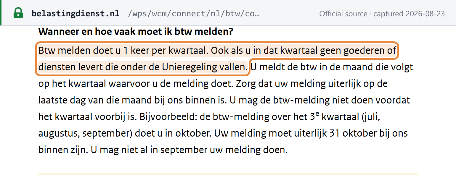Source snapshot — Belastingdienst OSS page: the Union scheme return is filed per quarter