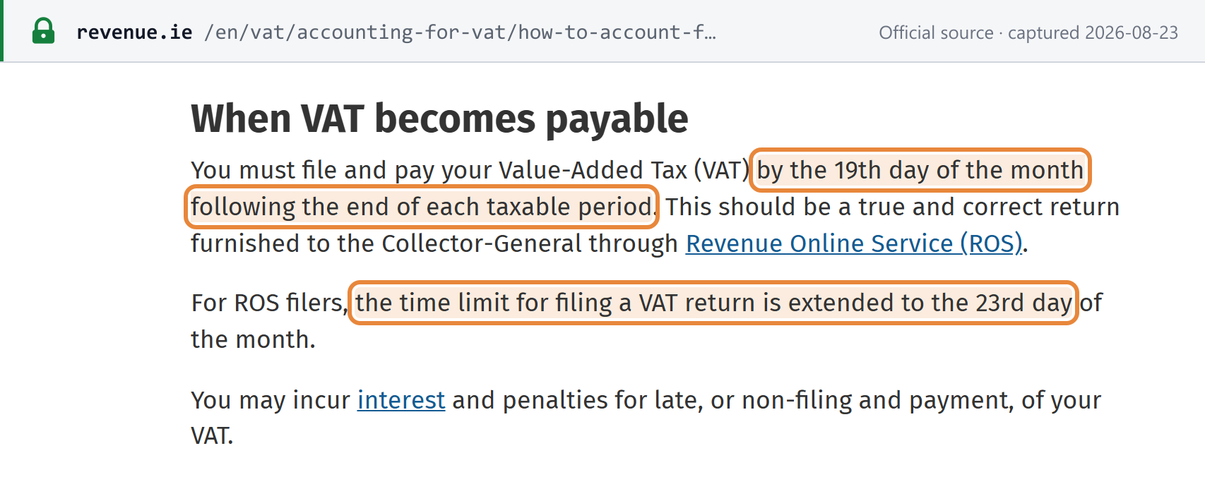 Source snapshot — Revenue: file and pay VAT by the 19th day of the month after the taxable period; for ROS filers the time limit is extended to the 23rd