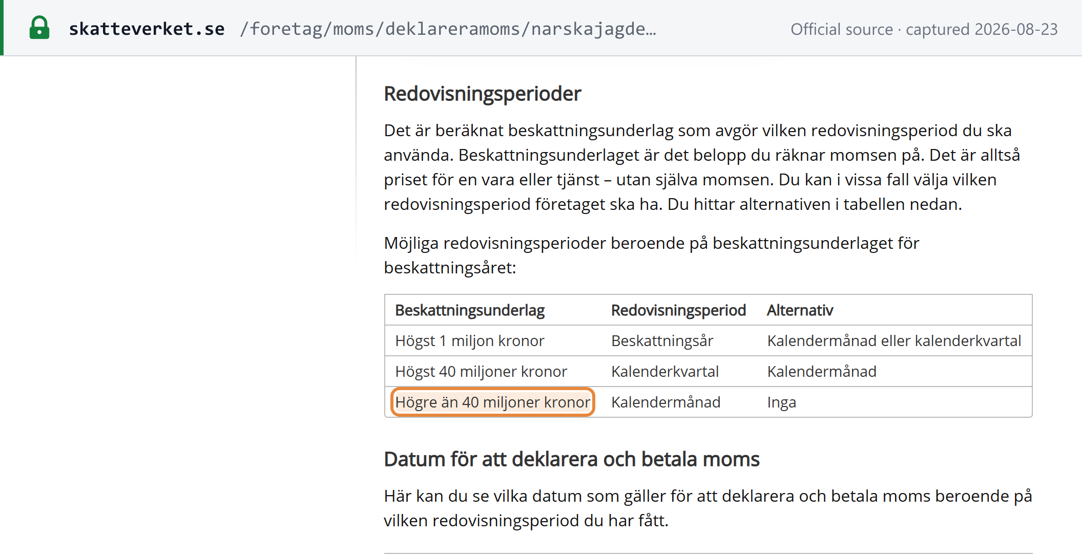 Source snapshot — Skatteverket: the reporting period is set by the taxable amount — SEK 1 million, SEK 40 million and above