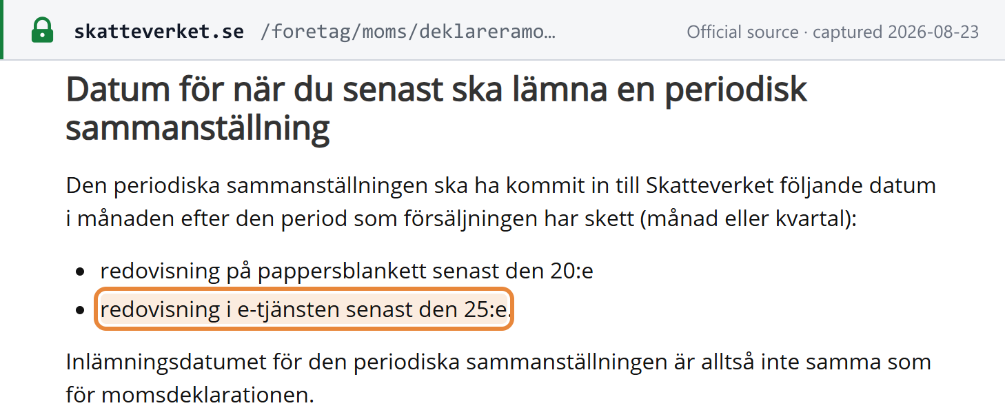 Source snapshot — Skatteverket: the EC sales list is due on the 20th on paper and the 25th in the e-service, a different date from the VAT return