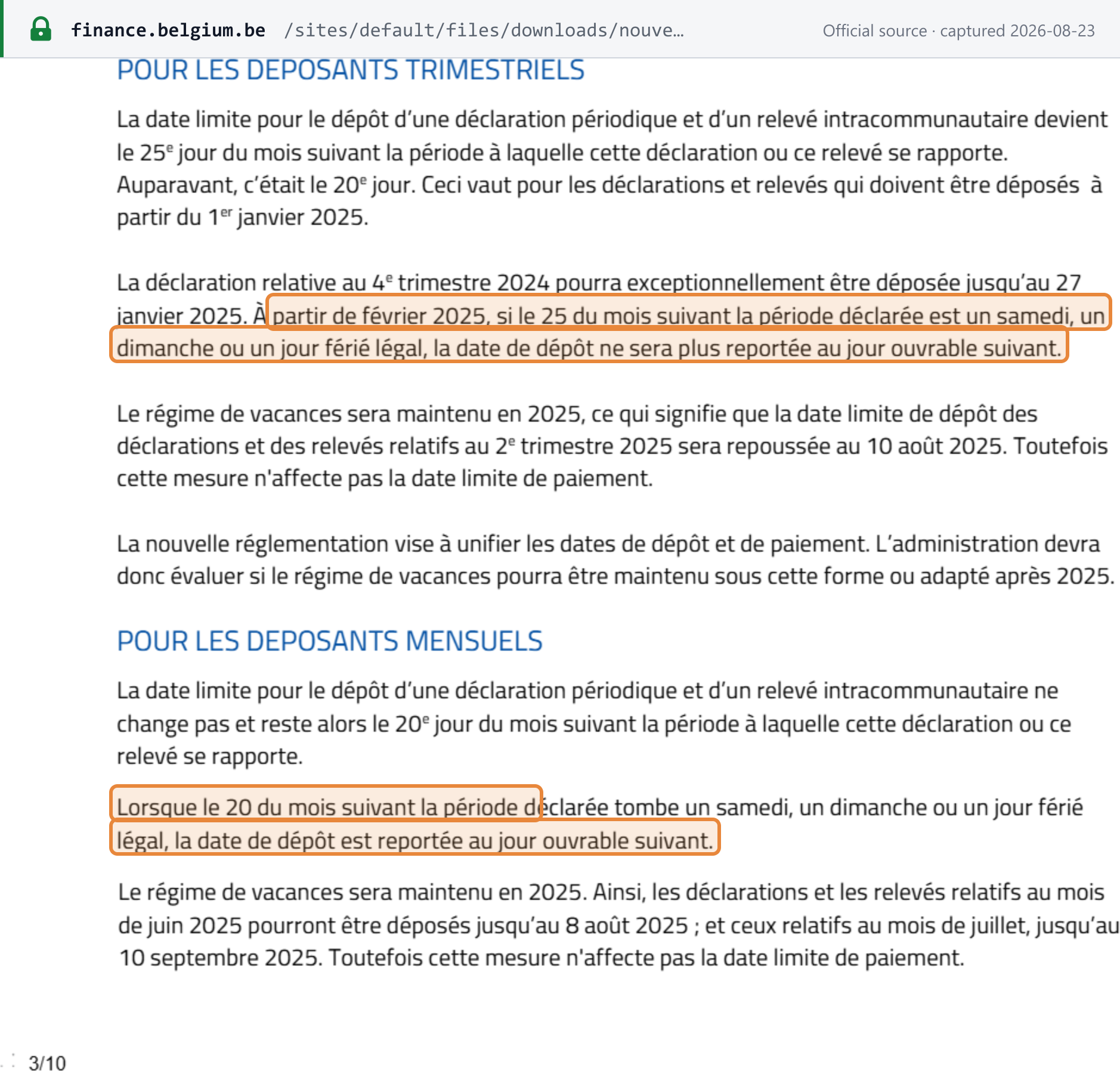 Source snapshot — SPF Finances guidance on the new VAT chain: from February 2025 a 25th falling on a weekend or public holiday no longer moves; a 20th still moves to the next working day