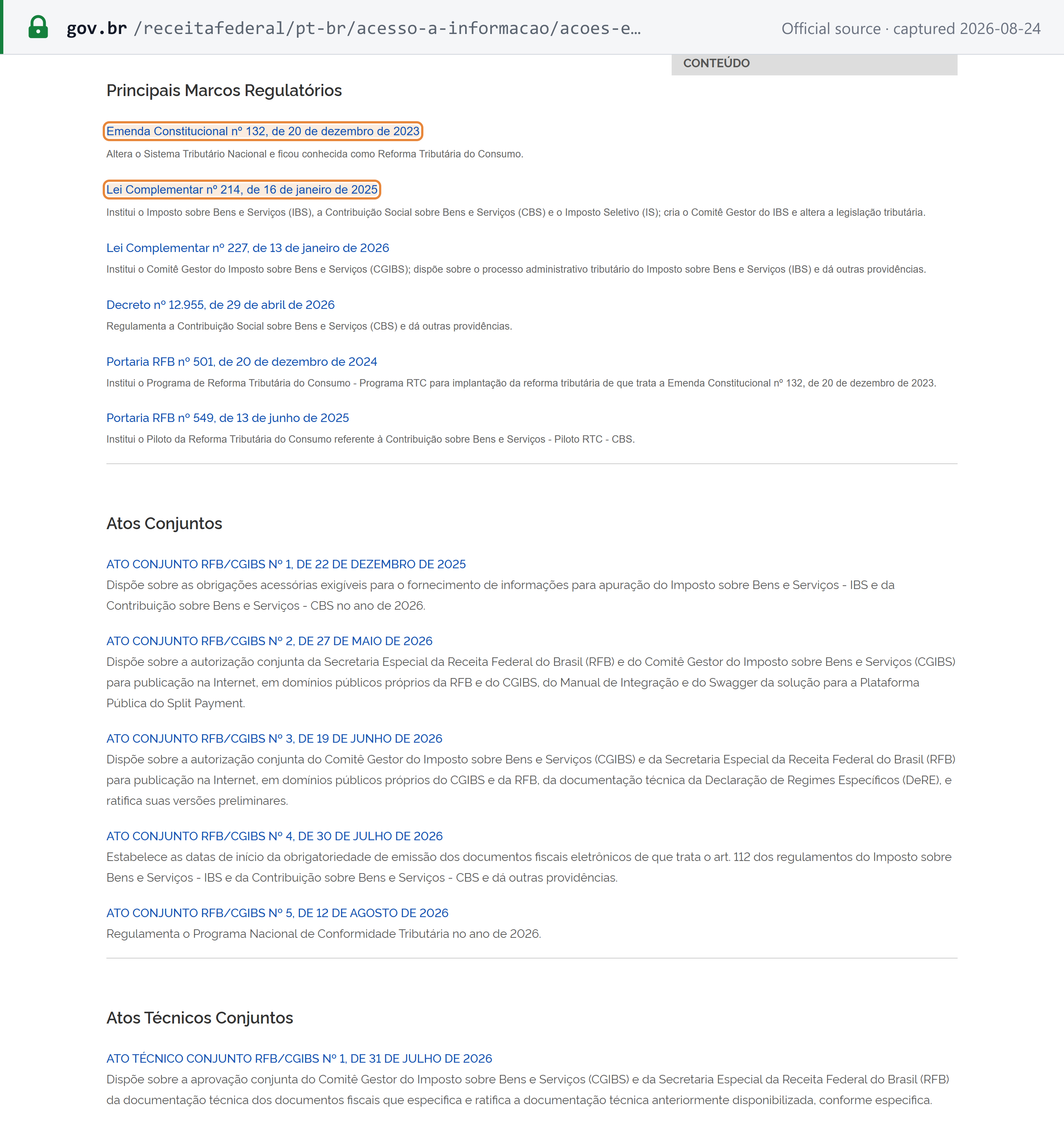 Source snapshot — Principais Marcos Regulatórios: Emenda Constitucional nº 132, de 20 de dezembro de 2023 and Lei Complementar nº 214, de 16 de janeiro de 2025