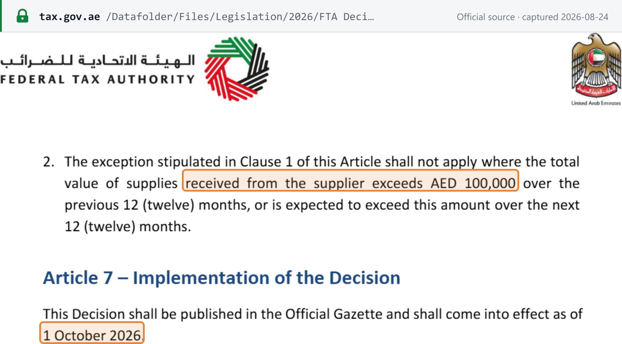 Source snapshot — FTA Decision No. 13 of 2026 Article 6(2), switching the AED 10,000 de-minimis off where supplies from the supplier exceed AED 100,000 over 12 months, with Article 7 bringing the Decision into effect on 1 October 2026