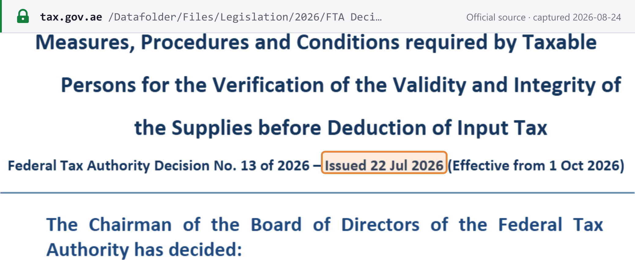 Source snapshot — FTA Decision No. 13 of 2026 title page: issued 22 July 2026, effective from 1 October 2026