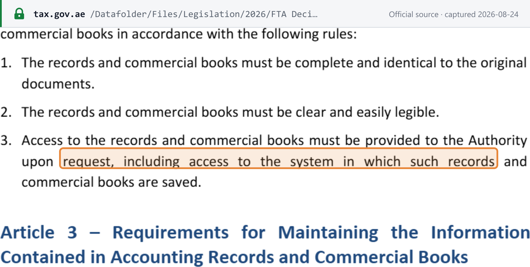 Source snapshot — FTA Decision No. 4 of 2026 Article 2: records must be complete and identical to the original documents, clear and easily legible, and the Authority must be given access on request, including access to the system in which they are saved