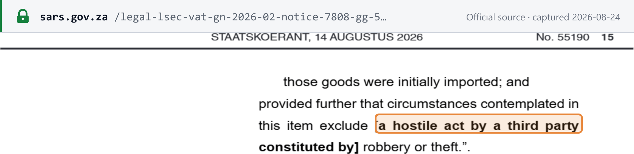 Source snapshot — Notice R. 7808 (Government Gazette 55190, 14 August 2026) deleting "a hostile act by a third party constituted by" so that item 412.09 excludes all robbery or theft