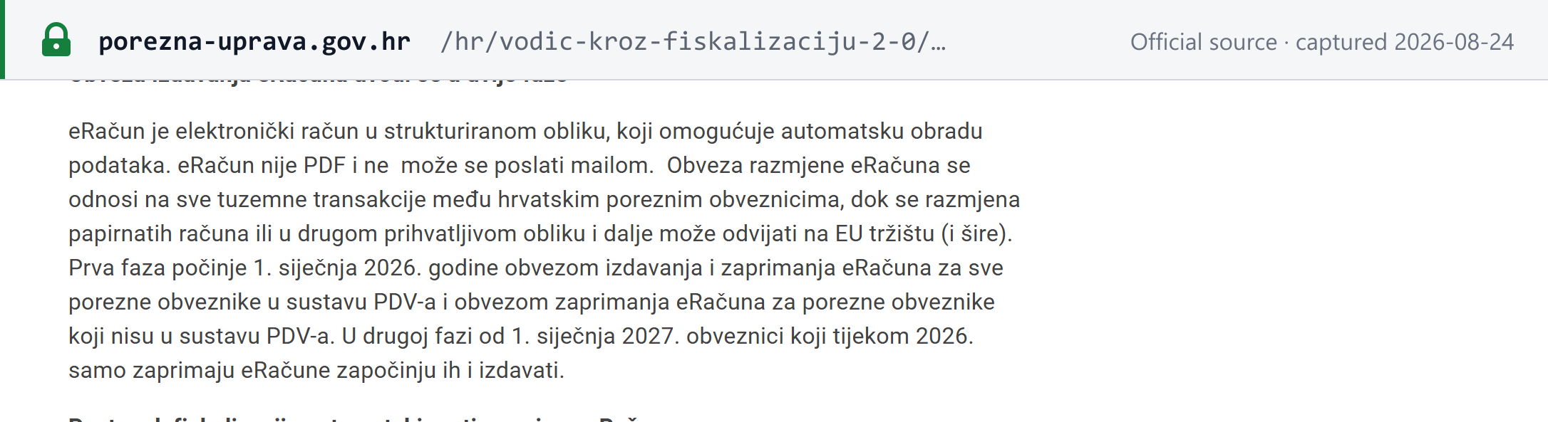 Source snapshot — Porezna uprava's guide: Phase 1 from 1 January 2026 (VAT taxpayers issue and receive, others receive); Phase 2 from 1 January 2027 (those who only receive start issuing)