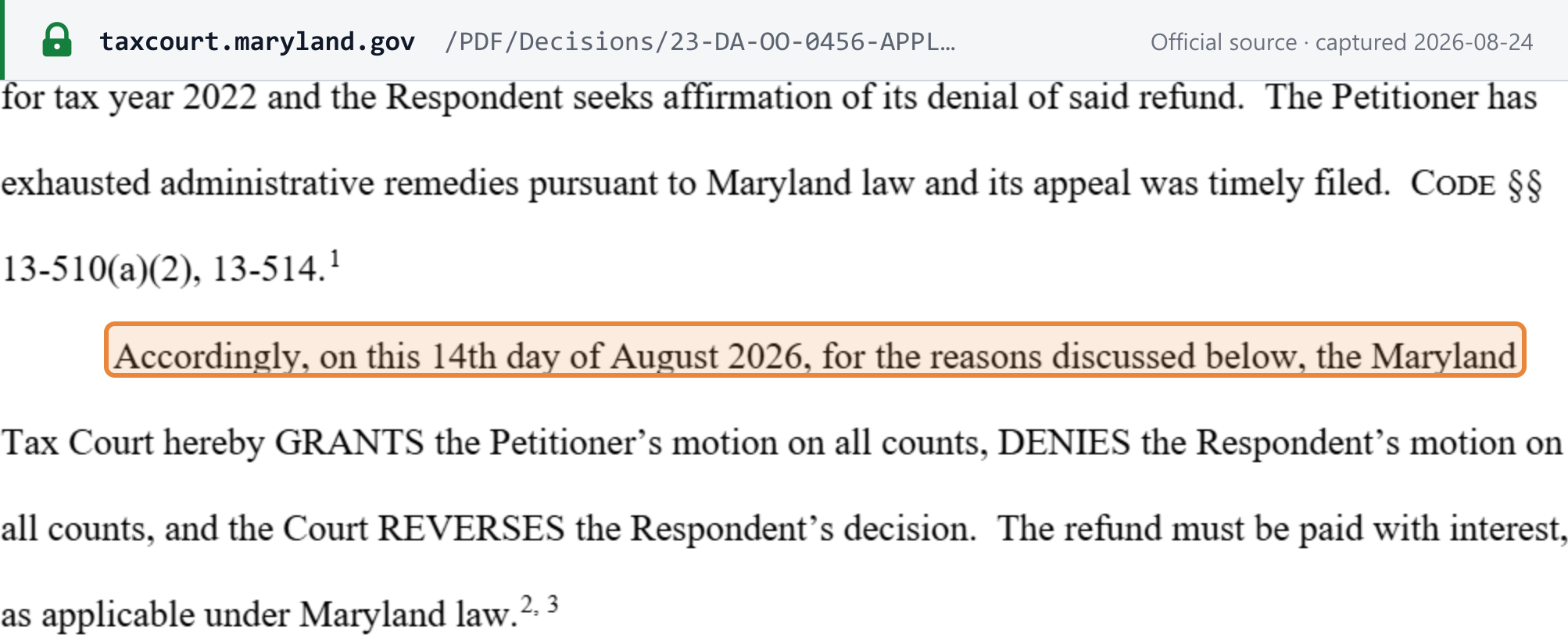 Source snapshot — Maryland Tax Court, 14 August 2026, Apple Inc. v. Comptroller (23-DA-OO-0456): the petitioner's motion is granted on all counts, the Comptroller's decision reversed, and a refund with interest ordered