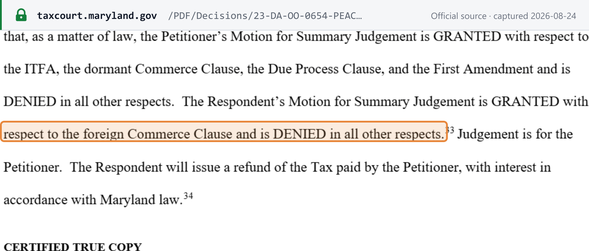 Source snapshot — Maryland Tax Court in Peacock TV LLC (23-DA-OO-0654) granting summary judgment on the Internet Tax Freedom Act, dormant Commerce Clause, Due Process and First Amendment counts but denying it on the foreign Commerce Clause count