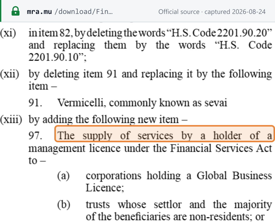 Source snapshot — Finance Act 2026 s.25(r)(xiii) inserting item 97 into the First Schedule, exempting services supplied by a holder of a management licence under the Financial Services Act to Global Business Licence corporations and to trusts and foundations whose principals and majority beneficiaries are non-resident
