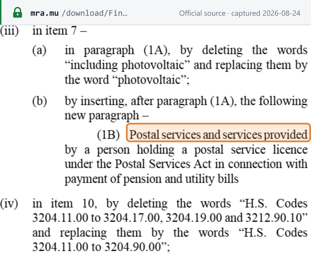 Source snapshot — Finance Act 2026 s.25(s)(iii) inserting paragraph 1B into item 7 of the Fifth Schedule, zero-rating postal services and services by a postal service licence holder in connection with payment of pension and utility bills