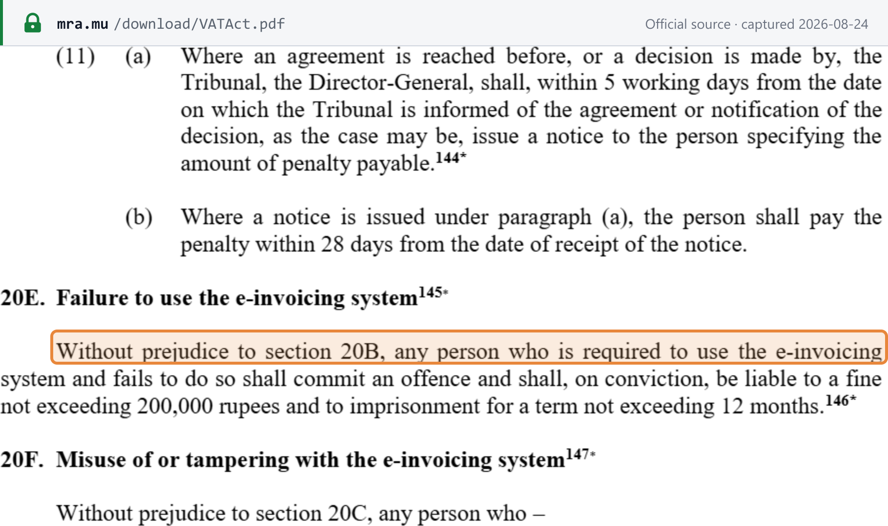 Source snapshot — VAT Act section 20E as it stands today: failing to use the e-invoicing system is an offence carrying, on conviction, a fine not exceeding MUR 200,000 and imprisonment for a term not exceeding 12 months — the two figures the Finance Act 2026 raises to MUR 500,000 and 24 months