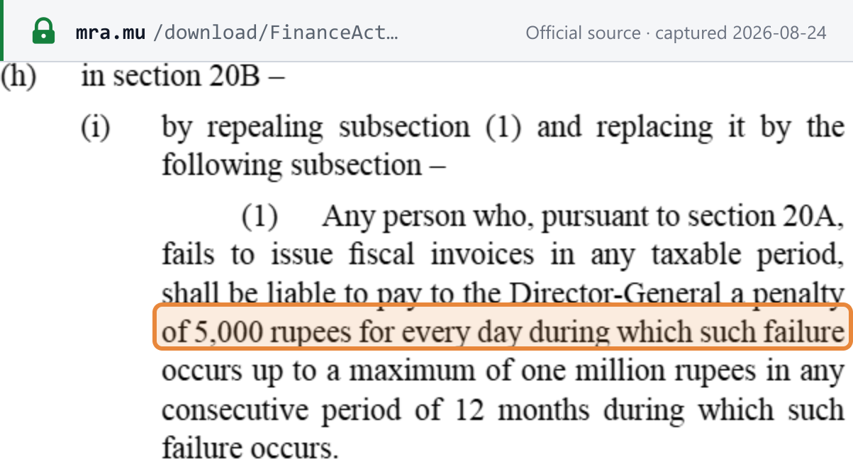 Source snapshot — Finance Act 2026 s.25(h) replacing VAT Act s.20B(1): a penalty of MUR 5,000 for every day of failure to issue fiscal invoices, up to a maximum of MUR 1 million in any consecutive period of 12 months