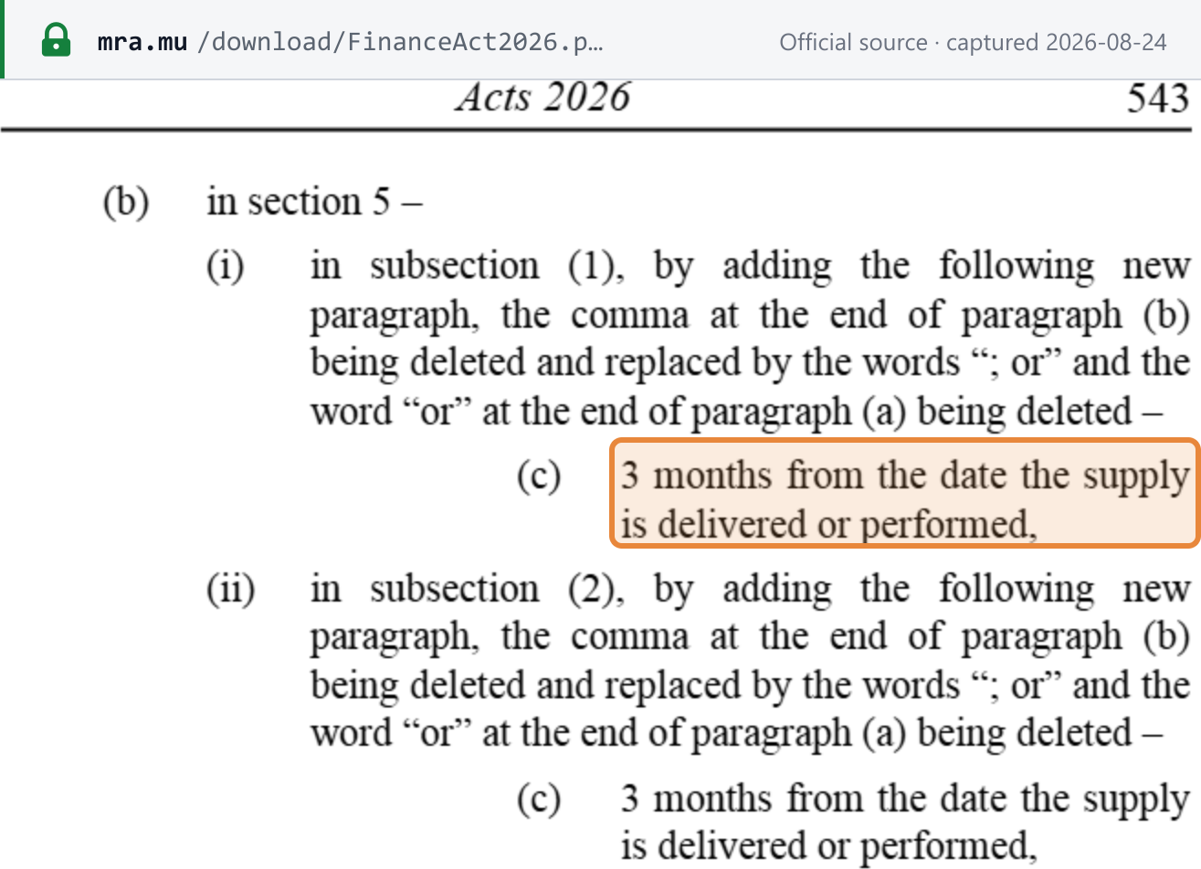 Source snapshot — Finance Act 2026 s.25(b), time of supply: adds to VAT Act s.5(1) and s.5(2) a third trigger, "3 months from the date the supply is delivered or performed" (boxed)