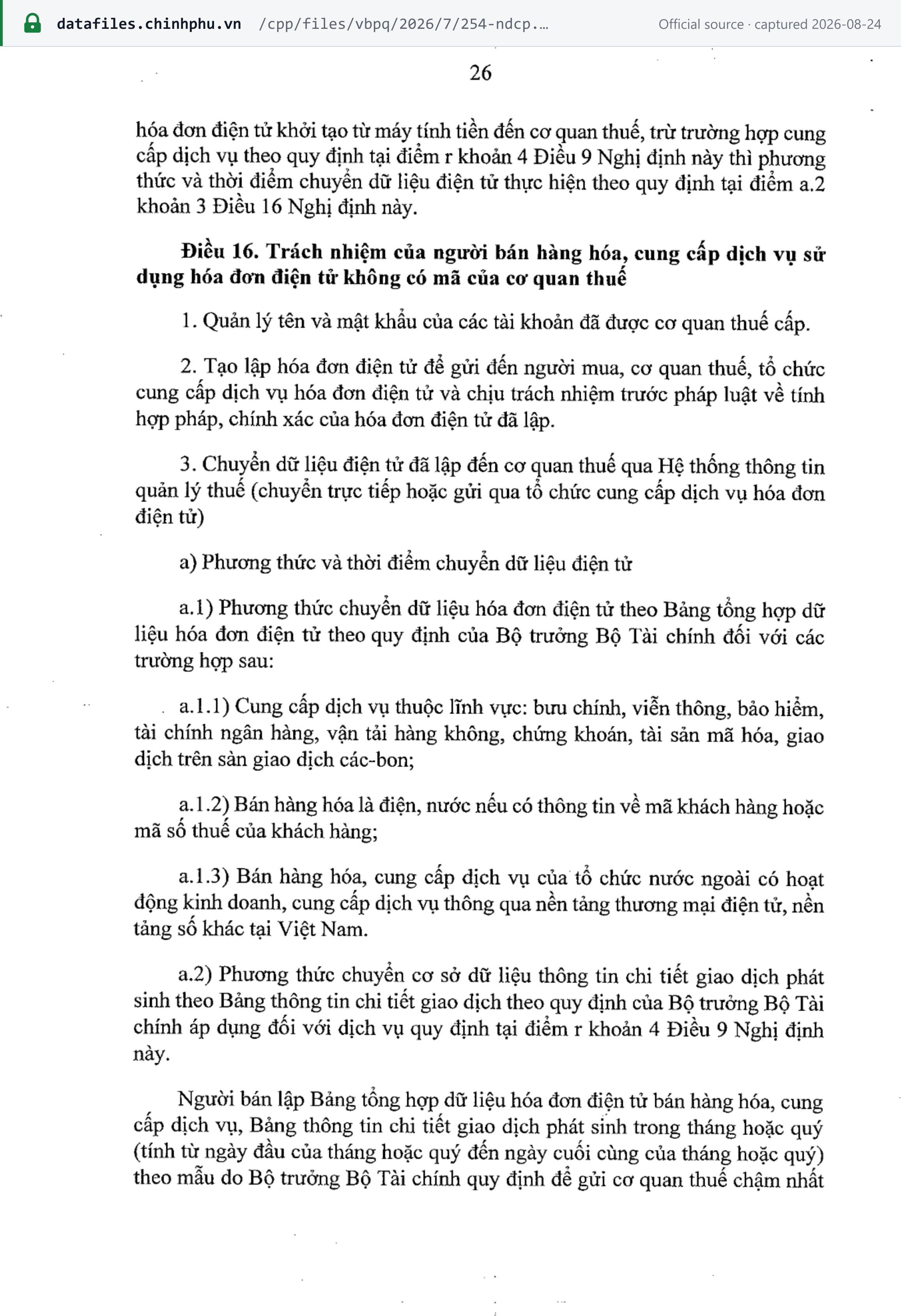 Source snapshot — Decree 254/2026 Article 16(3)(a.1): sellers in post, telecoms, insurance, banking, air transport, securities, crypto assets and carbon-exchange trades, electricity and water sellers, and foreign platform suppliers transmit a summary table; the sentence setting its deadline runs on to the next page