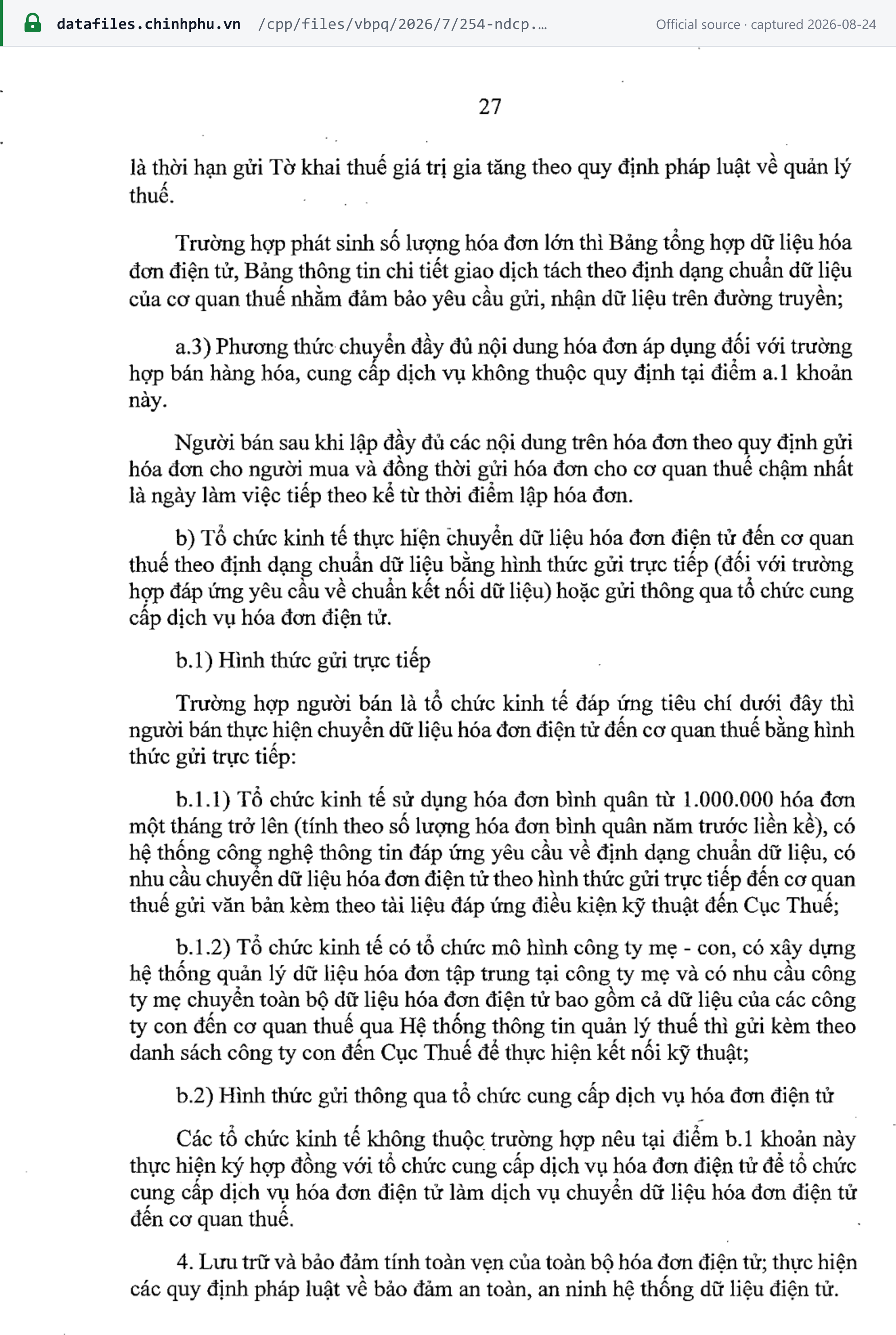 Source snapshot — Decree 254/2026 Article 16(3)(a), continued: the summary table is due by the VAT-return deadline ("là thời hạn gửi Tờ khai thuế giá trị gia tăng")